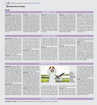 TV -   22 / São José do Rio Preto, 14 de outubro de 2012 DIÁRIO DA REGIÃO

    Resumo das novelas
GLOBO
                                                                                             MALHAÇÃO - 17H50
Segunda-feira - Orelha vibra com a            Terça-feira - Lia decide acabar com         Quarta-feira -Fatinha diz que está pre-   Quinta-feira - Lia não gosta que Ore-     Sexta-feira- Dinho reclama da cobran-
confusão entre Fatinha e Eriberto. Ma-        seu falso namoro com Gil. Ju confes-        cisando de um amigo e Dinho a con-        lha fale mal de Dinho. Bárbara recla-     ça de Ju. Leandro e Isabela se enten-
thias se preocupa com a revolta de            sa para Fatinha que não está ficando        sola. Nando faz uma serenata para         ma por ter reatado com Nando. Rita        dem. Ju tenta conversar com Lia so-
Adolfo contra as atitudes da filha. Fati-     com Nélio. Dinho pensa em Ju e Lia.         pedir à Marcela que saia com Loren-       repreende Bruno por não apoiarJu. Di-     bre o fim de seu namoro com Gil. Fati-
nha se apavora quando o pai diz que           Gil vê que Dinho está olhando e beija       zo. Fatinha conta para Dinho que Ju       nho e Ju ficam juntos. Lorenzo e Mar-
vai mandá-la para um internato. Rita                                                                                                                                          nha fala para Ju que deixará a casa
                                              Lia. Fatinha se insinua para Bruno e        não está interessada em Nélio. Tatá       cela se beijam. Fatinha decide deixar     de Dinho por sua causa. Fatinha leva
se encanta com Bruno. Nélio abraça            ele a expulsa de sua casa. Dinho con-       e Gil não querem que seus pais se re-     a casa de Dinho para não interferir
Ju para provocar Dinho. Orelha divul-                                                                                                                                         suas malas para o colégio. Rita não
ga as imagens do sarau em sua tevê.           versa com Gil sobre seu namoro com          lacionem. Lia tenta convencer a irmã      em seu relacionamento com Ju. Ex-
                                              Lia. Bárbara fica indignada por ser re-     a aceitar Marcela. Ju percebe uma         celsior e Isabela iniciam os testes de    deixa Bruno ceder à provocação de
Morgana e Fera se beijam. Rafael vê                                                                                                                                           Fatinha. Fatinha pede para morar
a cena e vai embora. Marcela manda            preendida por Mário e Alice. Fatinha        cumplicidade entre Dinho e Fatinha.       elenco com os alunos. Fatinha provo-
                                              dispensa Orelha. Isabela apresenta à        Morgana e Rafael se entendem.             ca Lia, que se enfurece. Lia e Gil dis-   com Orelha. Lia não consegue desco-
Fatinha embora e Lia a leva para a ca-
sa de Ju. Bruno se enfurece ao saber          turma o diretor de teatro que ensaiará      Leandro fica com ciúmes de Isabela        cutem por causa de seus pais e termi-     brir a surpresa que Ju fará para Di-
que Ju convidou Fatinha para morar            os alunos na Semana Literária. Fati-        com Excelsior. Orelha fala mal de Di-     nam o namoro. Ju pergunta a Dinho         nho. Orelha torce para que Fatinha se
com eles.                                     nha pede para morar com Dinho.              nho para Ju.                              se eles estão namorando.                  apaixone por ele.


                                                                                           LADO A LADO - 18H15
Segunda-feira - Zé Maria, Caniço              Eulália fica escandalizada com              a conseguir um emprego. Bonifá-           Isabel. Praxedes fecha o jornal           sa. Albertinho avisa a Laura que
e Chico expulsam Assunção e os                os livros de Sandra. Albertinho             cio afirma que se vingará de Guer-        de Guerra. Berenice procura Al-           tomou uma decisão sobre a situa-
policiais do Morro da Providên-               encontra Isabel na casa de Lau-             ra. Frederico pede para Neusinha          bertinho na casa de Laura. Cons-          ção de Isabel.
cia. Laura confirma que Alberti-              ra. Caniço pede mais dinheiro a             entregar a Quequé o convite que           tância não aceita que o filho que         Sábado - Laura pede para Isabel
nho é o pai do filho de Isabel. Pra-          Bonifácio. Isabel implora que               arrumou para ele. Edgar conver-           Isabel está esperando seja de             aceitar a ajuda de Albertinho.
xedes vê Zé Maria junto aos ca-               Laura não conte que o filho que             sa com Fernando. Isabel procura           Albertinho.                               Margarida desiste de entregar a
poeiras. Berenice vibra com os                ela está esperando é de Alberti-            Zé Maria.                                 Sexta-feira - Edgar reclama que           carta que recebeu para Edgar.
presentes que recebe de Caniço.               nho. Zé Maria luta contra Caniço            Quinta-feira - Zé Maria é gentil          Laura não quer fazer um retrato           Neusinha encontra Quequé na
                                                                                                                                                                              rua com a moça para quem ele
Chico convida Zé Maria para in-               na manifestação.                            com Isabel. Bonifácio exige que           seu. Bonifácio ameaça Guerra.
                                                                                                                                                                              deu o convite. Praxedes invade a
gressar na Marinha. Edgar não                 Quarta-feira - Zé Maria obriga Ca-          Praxedes tome uma atitude con-            Berenice se insinua para Alberti-         redação do jornal de Guerra.
deixa Isabel subir o Morro da Pro-            niço a confessar quem está pa-              tra o jornal de Guerra. Quequé            nho. Edgar decide ajudar Guerra           Constância lê a carta endereça-
vidência para falar com Zé Maria.             gando para ele incitar a violência          descobre que Neusinha pegou o             a denunciar Bonifácio. Frederico          da para Edgar e fica furiosa. Fer-
Zé Maria fala com Edgar.                      na cidade. Luiza conta para Cons-           convite que Frederico lhe deu.            dá aula de teatro para Neusinha.          nando denuncia o irmão para Bo-
Terça-feira - Umberto convida Di-             tância que Albertinho teme ser o            Edgar conta para Laura que con-           Zé Maria humilha Albertinho. Isa-         nifácio. Zé Maria agradece Edgar
va para sair. Assunção explica                pai do filho de Isabel. Zé Maria            firmou a Albertinho a paternida-          bel afirma a Laura que não quer           por tê-lo ajudado. Bonifácio che-
para Zé Maria por que a vacina                sofre por causa de Isabel. Ela              de do filho de Isabel. Chico in-          mais ver Albertinho. Edgar leva           ga à casa de Edgar com Praxe-
deve ser aplicada na população.               descobre que Zé Maria a ajudou              centiva Zé Maria a reatar com             Guerra para escrever em sua ca-           des e dois policiais.


                                                                                     GUERRA DOS SEXOS - 19H10
Segunda-feira - Roberta e Felipe pro-         mite o fotógrafo. Charlô tira Felipe e                                                                                          que Nieta a deixe voltar a trabalhar
testam ao serem levados para a ce-            Otávio da cadeia. Analú afirma a Nan-                                                                                           na Charlo’s. Felipe convence Julia-
la. Otávio fica furioso ao saber que          do que contará a verdade para Feli-                                                                                             na a manter o emprego de Fábio. Vâ-
Charlô saiu. Roberta culpa Felipe por         pe. Felipe se revolta ao ver Nando                                                                                              nia conclui que Fábio estava certo
estar presa. Fábio não gosta de sa-           chegar à mansão com Analú.                                                                                                      sobre o caráter de Carolina. Analú
                                                                                                                                                             Irene
ber que Carolina irá trabalhar na             Quarta-feira - Roberta acredita que                                                                                             se irrita com a maneira como Nan-
Charlô’s. Vânia desconfia das atitu-          Otávio obrigou Vitório a vender as                                                                             Ravache          do a trata. Felipe conversa com Ro-
des de Juliana. Frô comenta com Ca-           ações da fábrica. Analú conta a ver-                                                                           rouba a          berta. Ela cobra de Otávio um reci-
rolina que Juliana possui um roman-           dade para Felipe, e ele a perdoa. Ro-                                                                          cena como        bo que comprove o pagamento pe-
ce secreto. Analú diz a Nando que o           berta tenta disfarçar seu interesse                                                                            Charclô na       las ações da Positano.
levará de volta à ilha deserta. Charlô        em Nando. Otávio combina com Nan-                                                                              novela           Sábado - Otávio mente para Rober-
exige que Otávio aceite o cargo de            do sua saída secreta. Vânia descon-                                                                            “Guerra          ta. Juliana nega que tenha algo com
Roberta na Positano. Roberta e Feli-          fia que exista algo entre Juliana e Fá-                                                                        dos Sexos”       Fábio. Carolina fica eufórica por voltar
pe se enfrentam.                              bio. Charlô observa Otávio sair de ca-                                                                                          a trabalhar na Charlo’s. Frô conta pa-
Terça-feira - Roberta culpa Felipe pe-        sa com Nando. O advogado de Ro-                                                                                                 ra Ulisses que Fábio beijou Carolina à
la morte de Vitório. Nando consegue           berta dá seu parecer sobre o contra-        na. Charlô fica intrigada com o com-      de sua casa. Manoela vai embora de        força. Otávio confessa a Felipe que
tomar a moto de Analú. Nieta sente            to de venda das ações da Positano.          portamento de sua neta mais velha.        casa e leva Ciça.                         não tem o recibo de pagamento das
ciúmes de Dino com Roberta. Otávio            Quinta-feira - Roberta descobre que                                                                                             ações de Vitório. Juliana aceita a caro-
                                                                                          Roberta conclui que Otávio não pa-        Sexta-feira - Otávio inventa uma des-
tenta libertar Felipe da cadeia, mas          o valor pago pelas ações de Vitório                                                                                             na de Nando. Charlô garante a Rober-
acaba preso. Ulisses cisma que um             sumiu. Carolina se faz de vítima para       gou pela compra das ações. Ve-            culpa para seu novo visual. Vânia se      ta que vai ajudá-la a descobrir o que
funcionário está olhando para Frô e           Juliana. Vânia desmente a versão de         ruska procura documentos para Otá-        culpa pelo sumiço de Manoela e            aconteceu entre Otávio e Vitório. Ma-
o ameaça. Carolina beija Fábio à for-         Carolina, e Manoela fica furiosa. Ca-       vio no escritório de Dino. Carolina       Ciça. Fábio tenta convencer Vânia de      noela liga para Carolina. Juliana termi-
ça e finge que foi atacada. Juliana de-       rolina descobre o segredo de Julia-         mente para que Nieta expulse Fábio        que Carolina mente. Carolina pede         na seu romance secreto.


                                                                                          AVENIDA BRASIL - 21H00
Segunda-feira a sábado - Até o fechamento desta edição, a emissora não divulgou o resumo dos capítulos.
 