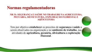 Normas regulamentadoras
NR 31- SEGURANÇA E SAÚDE NO TRABALHO NAAGRICULTURA,
PECUÁRIA, SILVICULTURA, EXPLORAÇÃO FLORESTAL E
AQÜICULTURA
Tem por objetivo estabelecer os preceitos de segurança e saúde a
serem observados na organização e no ambiente de trabalho, nas
atividades de agricultura, pecuária, silvicultura e exploração
Florestal.
 