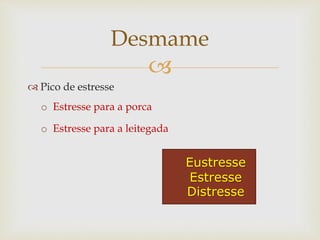 
 Pico de estresse
o Estresse para a porca
o Estresse para a leitegada
Desmame
Eustresse
Estresse
Distresse
 