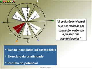 CPH HEALTH SOLUTIONS
RICARDO DE MARCHI
E
spi r i t ual
Emocional
F í si c aProfissional
So c i al
I n t el ec t u al
 Busca incessante do conhecimento
 Exercício da criatividade
 Partilha do potencial
“A evolução intelectual
deve ser realizada por
convicção, e não sob
a pressão dos
acontecimentos”
 
