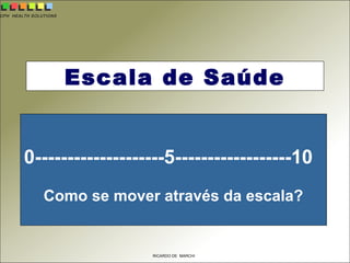 CPH HEALTH SOLUTIONS
RICARDO DE MARCHI
Escala de Saúde
0--------------------5------------------10
Como se mover através da escala?
 