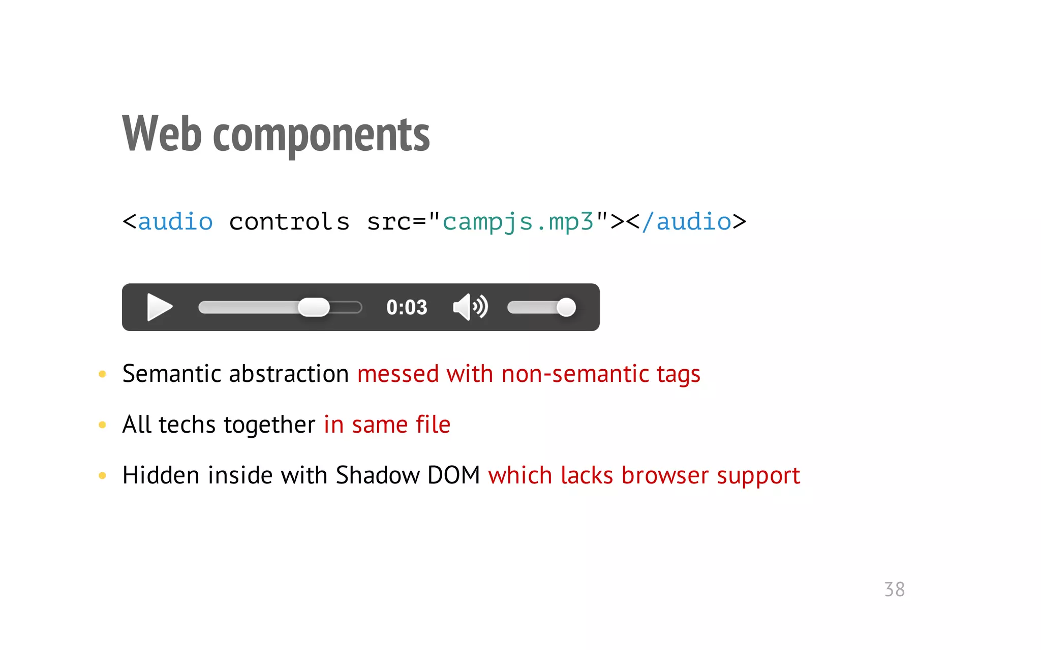 Web components 
<audio controls src="campjs.mp3"></audio> 
• Semantic abstraction messed with non-semantic tags 
• All techs together in same file 
• Hidden inside with Shadow DOM which lacks browser support 
38 
 