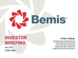 INVESTOR
BRIEFING
May 2016
NYSE: BMS
Our vision:
A passionate commitment to
the growth and success of
our customers will make
Bemis the clear choice for
inspired packaging solutions
 