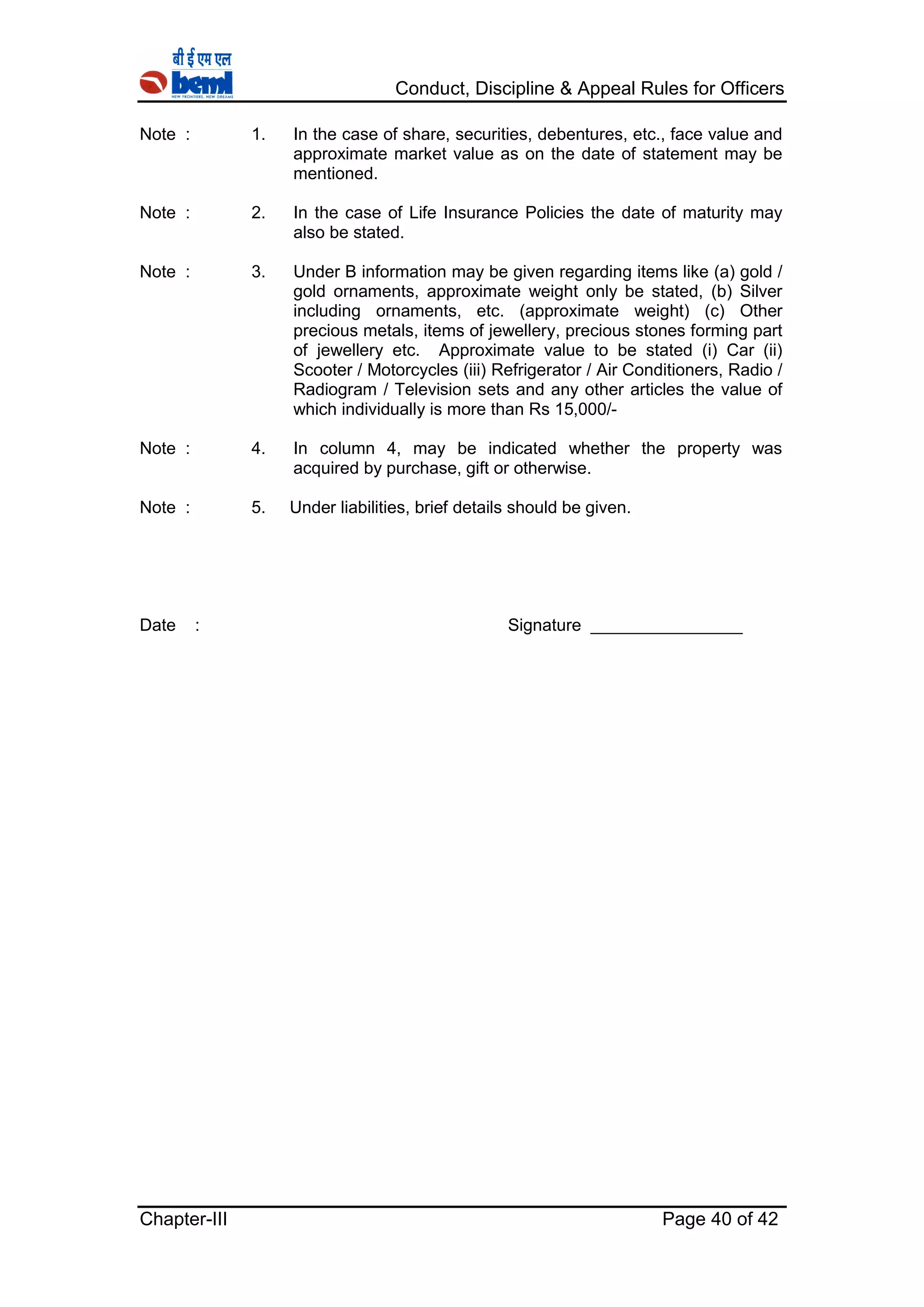 Conduct, Discipline & Appeal Rules for Officers
Chapter-III Page 40 of 42
Note : 1. In the case of share, securities, debentures, etc., face value and
approximate market value as on the date of statement may be
mentioned.
Note : 2. In the case of Life Insurance Policies the date of maturity may
also be stated.
Note : 3. Under B information may be given regarding items like (a) gold /
gold ornaments, approximate weight only be stated, (b) Silver
including ornaments, etc. (approximate weight) (c) Other
precious metals, items of jewellery, precious stones forming part
of jewellery etc. Approximate value to be stated (i) Car (ii)
Scooter / Motorcycles (iii) Refrigerator / Air Conditioners, Radio /
Radiogram / Television sets and any other articles the value of
which individually is more than Rs 15,000/-
Note : 4. In column 4, may be indicated whether the property was
acquired by purchase, gift or otherwise.
Note : 5. Under liabilities, brief details should be given.
Date : Signature ________________
 