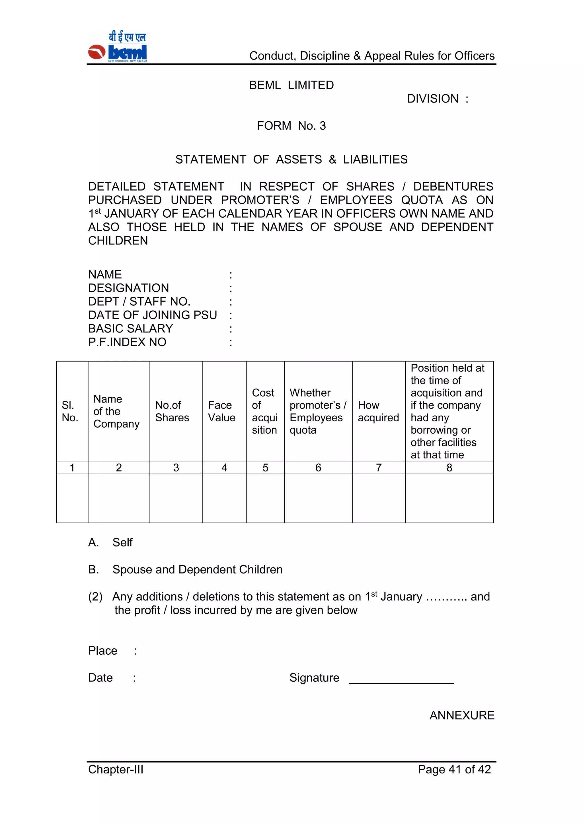 Conduct, Discipline & Appeal Rules for Officers
Chapter-III Page 41 of 42
BEML LIMITED
DIVISION :
FORM No. 3
STATEMENT OF ASSETS & LIABILITIES
DETAILED STATEMENT IN RESPECT OF SHARES / DEBENTURES
PURCHASED UNDER PROMOTER’S / EMPLOYEES QUOTA AS ON
1st JANUARY OF EACH CALENDAR YEAR IN OFFICERS OWN NAME AND
ALSO THOSE HELD IN THE NAMES OF SPOUSE AND DEPENDENT
CHILDREN
NAME :
DESIGNATION :
DEPT / STAFF NO. :
DATE OF JOINING PSU :
BASIC SALARY :
P.F.INDEX NO :
Sl.
No.
Name
of the
Company
No.of
Shares
Face
Value
Cost
of
acqui
sition
Whether
promoter’s /
Employees
quota
How
acquired
Position held at
the time of
acquisition and
if the company
had any
borrowing or
other facilities
at that time
1 2 3 4 5 6 7 8
A. Self
B. Spouse and Dependent Children
(2) Any additions / deletions to this statement as on 1st January ……….. and
the profit / loss incurred by me are given below
Place :
Date : Signature ________________
ANNEXURE
 