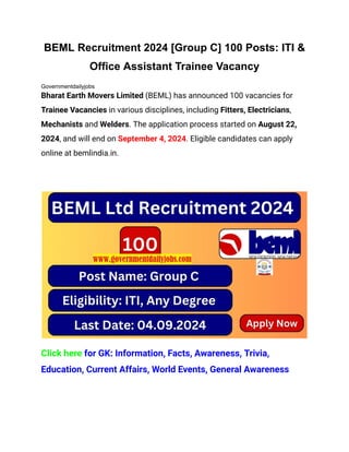 BEML Group C Recruitment 2024, Apply for ITI &amp; Office Assistant 