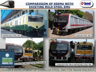 COMPARISION OF SSEMU WITH
EXISTING MILD STEEL EMU

EXISTING MILD STEEL EMU

STAINLESS STEEL EMU

STAINLESS STEEL EMU & EXISTING MILD STEEL EMU

 