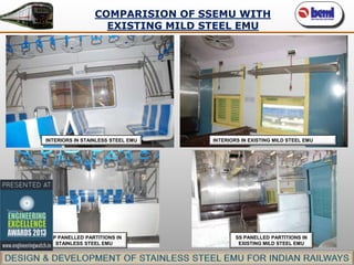 COMPARISION OF SSEMU WITH
EXISTING MILD STEEL EMU

INTERIORS IN STAINLESS STEEL EMU

FRP PANELLED PARTITIONS IN
STAINLESS STEEL EMU

INTERIORS IN EXISTING MILD STEEL EMU

SS PANELLED PARTITIONS IN
EXISTING MILD STEEL EMU

 