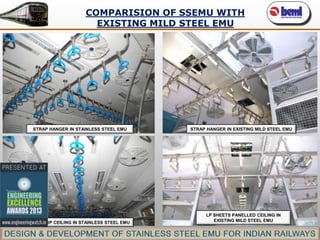 COMPARISION OF SSEMU WITH
EXISTING MILD STEEL EMU

STRAP HANGER IN STAINLESS STEEL EMU

FRP CEILING IN STAINLESS STEEL EMU

STRAP HANGER IN EXISTING MILD STEEL EMU

LP SHEETS PANELLED CEILING IN
EXISTING MILD STEEL EMU

 