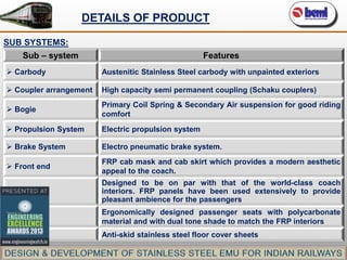 DETAILS OF PRODUCT
SUB SYSTEMS:

Sub – system

Features

 Carbody

Austenitic Stainless Steel carbody with unpainted exteriors

 Coupler arrangement

High capacity semi permanent coupling (Schaku couplers)

 Bogie

Primary Coil Spring & Secondary Air suspension for good riding
comfort

 Propulsion System

Electric propulsion system

 Brake System

Electro pneumatic brake system.

 Front end

FRP cab mask and cab skirt which provides a modern aesthetic
appeal to the coach.

Interiors

Designed to be on par with that of the world-class coach
interiors. FRP panels have been used extensively to provide
pleasant ambience for the passengers

Seat

Ergonomically designed passenger seats with polycarbonate
material and with dual tone shade to match the FRP interiors

Flooring

Anti-skid stainless steel floor cover sheets

 
