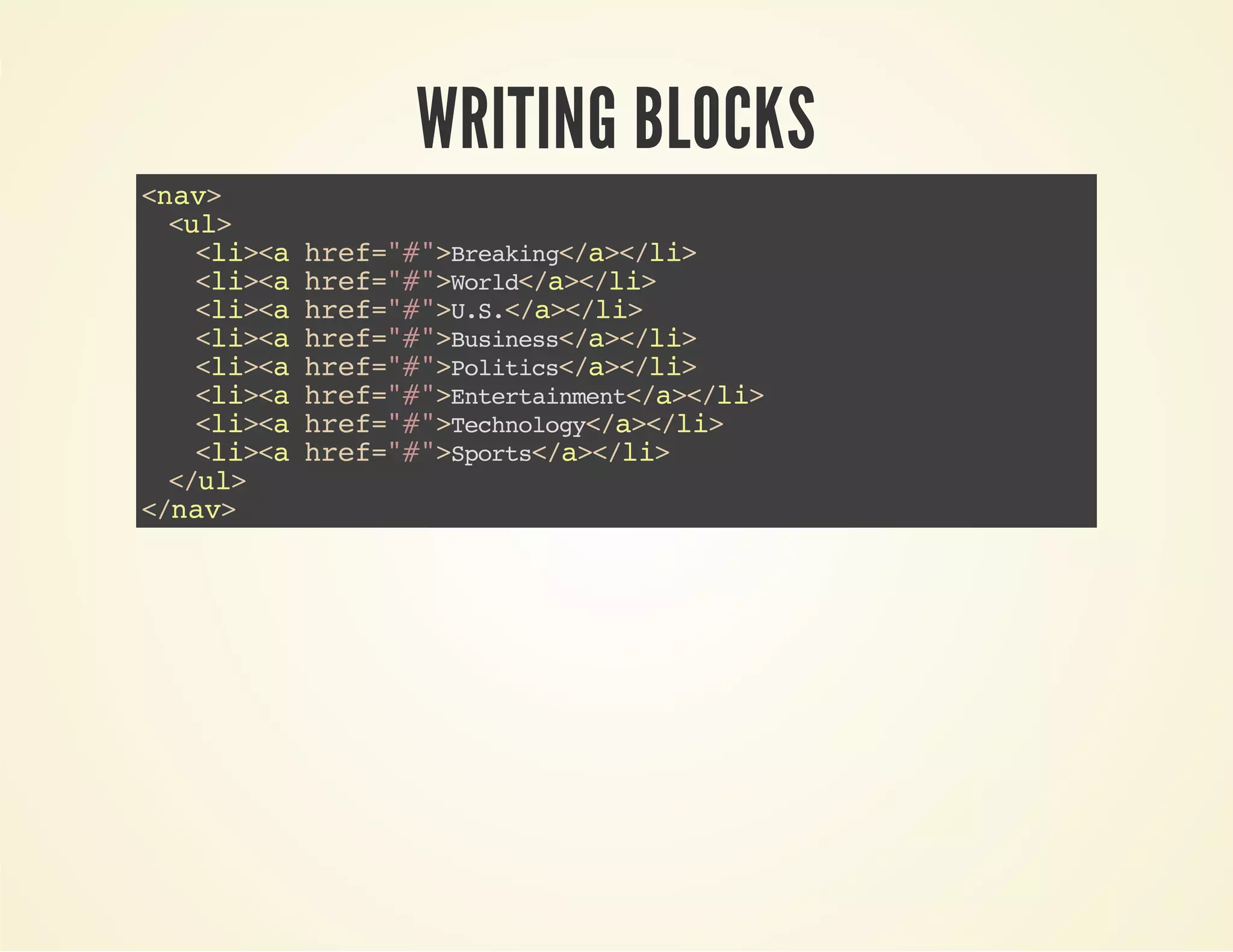 WRITING BLOCKS 
<nav> 
<ul> 
<li><a href="#">Breaking</a></li> 
<li><a href="#">World</a></li> 
<li><a href="#">U.S.</a></li> 
<li><a href="#">Business</a></li> 
<li><a href="#">Politics</a></li> 
<li><a href="#">Entertainment</a></li> 
<li><a href="#">Technology</a></li> 
<li><a href="#">Sports</a></li> 
</ul> 
</nav> 
 
