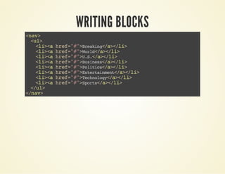 WRITING BLOCKS 
<nav> 
<ul> 
<li><a href="#">Breaking</a></li> 
<li><a href="#">World</a></li> 
<li><a href="#">U.S.</a></li> 
<li><a href="#">Business</a></li> 
<li><a href="#">Politics</a></li> 
<li><a href="#">Entertainment</a></li> 
<li><a href="#">Technology</a></li> 
<li><a href="#">Sports</a></li> 
</ul> 
</nav> 
 