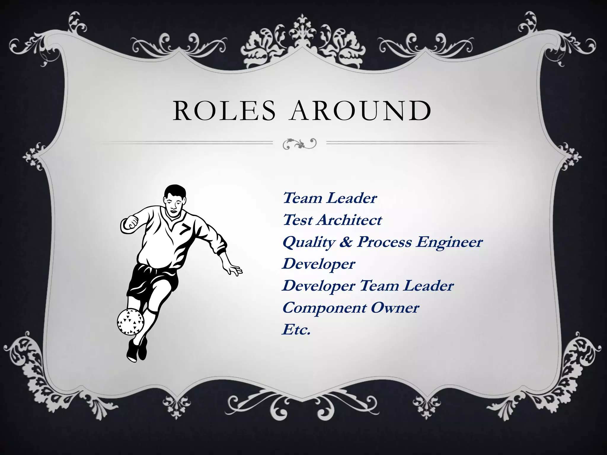 ROLES AROUND

     Team Leader
     Test Architect
     Quality & Process Engineer
     Developer
     Developer Team Leader
     Component Owner
     Etc.
 