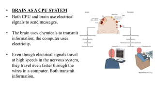 • BRAIN AS A CPU SYSTEM
• Both CPU and brain use electrical
signals to send messages.
• The brain uses chemicals to transmit
information; the computer uses
electricity.
• Even though electrical signals travel
at high speeds in the nervous system,
they travel even faster through the
wires in a computer. Both transmit
information.
 