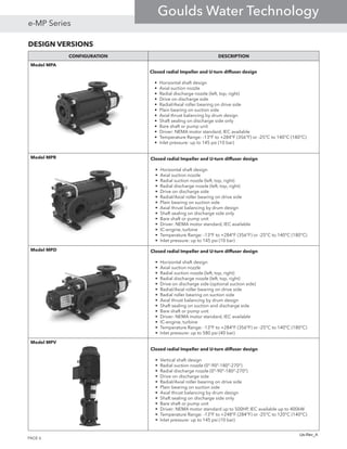 DESIGN VERSIONS
CONFIGURATION DESCRIPTION
Model MPA
Closed radial Impeller and U-turn diffuser design
•	 Horizontal shaft design
•	 Axial suction nozzle
•	 Radial discharge nozzle (left, top, right)
•	 Drive on discharge side
•	 Radial/Axial roller bearing on drive side
•	 Plain bearing on suction side
•	 Axial thrust balancing by drum design
•	 Shaft sealing on discharge side only
•	 Bare shaft or pump unit
•	 Driver: NEMA motor standard, IEC available
•	 Temperature Range: -13°F to +284°F (356°F) or -25°C to 140°C (180°C)
•	 Inlet pressure: up to 145 psi (10 bar)
Model MPR Closed radial Impeller and U-turn diffuser design
•	 Horizontal shaft design
•	 Axial suction nozzle
•	 Radial suction nozzle (left, top, right)
•	 Radial discharge nozzle (left, top, right)
•	 Drive on discharge side
•	 Radial/Axial roller bearing on drive side
•	 Plain bearing on suction side
•	 Axial thrust balancing by drum design
•	 Shaft sealing on discharge side only
•	 Bare shaft or pump unit
•	 Driver: NEMA motor standard, IEC available
•	 IC-engine, turbine
•	 Temperature Range: -13°F to +284°F (356°F) or -25°C to 140°C (180°C)
•	 Inlet pressure: up to 145 psi (10 bar)
Model MPD Closed radial Impeller and U-turn diffuser design
•	 Horizontal shaft design
•	 Axial suction nozzle
•	 Radial suction nozzle (left, top, right)
•	 Radial discharge nozzle (left, top, right)
•	 Drive on discharge side (optional suction side)
•	 Radial/Axial roller bearing on drive side
•	 Radial roller bearing on suction side
•	 Axial thrust balancing by drum design
•	 Shaft sealing on suction and discharge side
•	 Bare shaft or pump unit
•	 Driver: NEMA motor standard, IEC available
•	 IC-engine, turbine
•	 Temperature Range: -13°F to +284°F (356°F) or -25°C to 140°C (180°C)
•	 Inlet pressure: up to 580 psi (40 bar)
Model MPV
Closed radial Impeller and U-turn diffuser design
•	 Vertical shaft design
•	 Radial suction nozzle (0°-90°-180°-270°)
•	 Radial discharge nozzle (0°-90°-180°-270°)
•	 Drive on discharge side
•	 Radial/Axial roller bearing on drive side
•	 Plain bearing on suction side
•	 Axial thrust balancing by drum design
•	 Shaft sealing on discharge side only
•	 Bare shaft or pump unit
•	 Driver: NEMA motor standard up to 500HP, IEC available up to 400kW
•	 Temperature Range: -13°F to +248°F (284°F) or -25°C to 120°C (140°C)
•	 Inlet pressure: up to 145 psi (10 bar)
Us-Rev_A
PAGE 6
e-MP Series
Goulds Water Technology
 