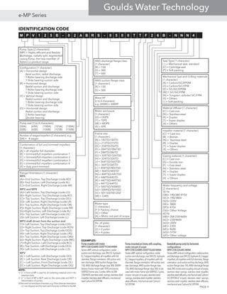 Pump Type [2 characters]
[MP] = Highly efficient and flexible
Multistage, radially split, segmented
casing Pump, the new member of
Xylem’s e-product range
Configuration [1 character]
[A] = Horizontal design
Axial suction, radial discharge
1 Roller bearing discharge side
1 Slide bearing suction side
[R] = Horizontal design
Radial suction and discharge
1 Roller bearing discharge side
1 Slide bearing suction side
[V] = Vertical design
Radial suction and discharge
1 Roller bearing discharge side
1 Slide bearing suction side
[D] = Horizontal design
Radial suction and discharge
2 Roller bearings
Double bearing
Pump size [3 to 4 characters]
[50A]
[50B]
[65A]
[65B]
[100A]
[100B]
[125A]
[125B]
[150A]
[150B]
Motor enclosure
[1 character]
[D] = ODPE
[T] = TEPE
[W] = WDPE
[X] = XPE
Motor HP
[2 to 4 characters]
e.g. [0500] = 500HP
No. of poles
[1 character]
[2] = 2 poles
[4] = 4 poles
M P V 1 2 5 B - 0 2 A B R S - 0 5 0 0 T T F 2 6 B - N N N 4
Combination of full and trimmed impellers
[1 character]:
[A] = all impeller full diameter
[B] = trimmed/full impellers combination 1
[C] = trimmed/full impellers combination 2
[D] = trimmed/full impellers combination 3
[E] = trimmed/full impellers combination 4
[X] = duty point trimmed
Motor frequency and voltage
[2 characters]
50 Hz
[5B]= 190/380-415V
[5C]= 190/380V
[5D]= 220V
[5E]= 380V
[5F]= 415V
[5X]= Other Voltage
60 Hz
[6B]= 208-230/460V
[6C]= 230/460V
[6D]= 200V
[6E]= 230V
[6F]= 460V
[6G]= 575V
[6X]= Other voltage
Casing material [1 character]
[C] = Cast iron
[D] = Ductile iron
[F] = Cast steel
[N] = Stainless steel
[R] = Duplex
[T] = Super duplex
[X] = Others
Impeller material [1 character]
[C] = Cast iron
[B] = Bronze
[N] = Stainless steel
[R] = Duplex
[T] = Super duplex
[X] = Others
Mechanical Seal and O-Ring materials
[1 character]
[4] = Carbon/SiC/EPDM
[2] = Carbon/SiC/FPM
[Z] = SiC/SiC/EPDM
[W] = SiC/SiC/FPM
[N] = Tungsten carbide/ SiC/FPM
[X] = Others
[-] = Soft packing
IDENTIFICATION CODE
EXAMPLES:
Pump coupled with motor
MPV125B-02ABRS-0500TTF26B-NNN4
Series eMP,vertical configuration,radial
suction and discharge,size DN125,hydraulic
B,2 stages/impellers,all impellers with full
diameter,flange orientation: left suction and
rear discharge,ANSI suction flange class
150,ANSI discharge flange class 300,500HP
factory choice motor withTEPE enclosure,
5009SD frame size,2 poles,60Hz at 208-
230/460V,stainlesssteelcasings,stainlesssteel
impeller,stainless steel diffusers,mechanical
seal Carbon/SiC/EPDM.
Material diffuser [1 character]
[C] = Cast iron
[N] = Stainless steel
[R] = Duplex
[T] = Super duplex
[X] = Others
Number of stages/impellers [2 characters], e.g.:
[04] = 4 stages
ANSI suction flange class
[1 character]
[R] = 150
[S] = 300
Seal Type [1 character]
[ ] = Mechanical seal, standard
[C] = Cartridge seal
[P] = Soft packing
ANSI discharge flange class
[1 character]
[R] = 150
[S] = 300
[T] = 600
NOTE:
1) “e-” in front of MP is used for all marketing materials and in the
selection tools.
2) “e-” in front of MP is NOT used on the name plate and NOT in
denomination of pumps.
3)Notusednomenclaturecharacters,e.g.ifthecharacterdescription
is[]areskippedandthenextusedcharacterisshiftedtotheleft.
Frame size
[1 character]
[B] = 182TD/184TD
[C] = 213TD/215TD
[D] = 254TD/256TD
[E] = 284TSD/286TSD
[F] = 284TD/286TD
[G] = 324TSD/326TSD
[H] = 324TD/326TD
[J] = 364TSD/365TSD
[K] = 364TD/365TD
[L] = 404TSD/405TSD
[M] = 404TD/405TD
[N] = 444TSD/445TSD
[P] = 444TD/445TD
[R] = 447TSD/449TSD
[S] = 447TD/449TD
[T] = 5007SD/5008SD
[U] = 5009SD/5010SD
[V] = 5011DZ/5012DZ
[W] = G40S
Motor type
[1 character]
[F ]= Factory choice
[X] = Other
[A] = Motor not part of scope
Flange Orientation [1 character]
MPA
[A]= End Suction, Top Discharge (code AO)
[B]= End Suction, Left Discharge (code AL)
[C]= End Suction, Right Discharge (code AR)
MPD and MPR
[A]= Left Suction, Top Discharge (code LO)
[B]= Right Suction, Top Discharge (code RO)
[C]= Top Suction, Top Discharge (code OO)
[D]= Left Suction, Right Discharge (code LR)
[E]= Top Suction, Right Discharge (code OR)
[F]= Right Suction, Right Discharge (code RR)
[G]=Right Suction, Left Discharge (code RL)
[H]= Top Suction, Left Discharge (code OL)
[J]= Left Suction, Left Discharge (code LL)
MPD shaft driven from the suction end
[1]= Left Suction, Top Discharge (code LOS)
[2]= Right Suction, Top Discharge (code ROS)
[3]= Top Suction, Top Discharge (code OOS)
[4]= Left Suction, Right Discharge (code LRS)
[5]= Top Suction, Right Discharge (code ORS)
[6]= Right Suction, Right Discharge (code RRS)
[7]=Right Suction, Left Discharge (code RLS)
[8]= Top Suction, Left Discharge (code OLS)
[9]= Left Suction, Left Discharge (code LLS)
MPV
[A] = Left Suction, Left Discharge (code OO)
[B] = Left Suction, Rear Discharge (code OR)
[C] = Left Suction, Front Discharge (code OL)
[D] = Left Suction, Right Discharge (code OG)
Pump mounted on frame,with coupling,
motor not part of scope
MPV125B-02ABRS-0500TTA26B-NNN4
Series eMP,vertical configuration,radial
suction and discharge,size DN125,hydraulic
B,2 stages/impellers,all impellers with full
diameter,flange orientation: left suction and
rear discharge,ANSI suction flange class
150,ANSI discharge flange class 300,to be
used with motor frame size 5009SD,2 poles
(motor not part of scope),stainless steel
casings,stainless steel impeller,stainless
steel diffusers,mechanical seal Carbon/
SiC/EPDM.
Bareshaft pump (only for horizontal
configurations)
MPA125B-02AARS-NNN4
SerieseMP,verticalconfiguration,radialsuction
anddischarge,sizeDN125,hydraulicB,2stages/
impellers,allimpellerswithfulldiameter,flange
orientation:endsuctionandtopdischarge,ANSI
suctionflangeclass150,ANSIdischargeflange
class300,motorandcouplingnotpartofscope,
stainless steel casings, stainless steel impeller,
stainlesssteeldiffusers,mechanicalsealCarbon/
SiC/EPDM.of scope), stainless steel casings,
stainless steel impeller, stainless steel diffusers,
mechanical seal Carbon/SiC/EPDM.
PAGE 9
e-MP Series
Goulds Water Technology
 