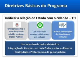 Diretrizes Básicas do Programa
Unificar cadastro e
identificação do
cidadão em todos
órgãos Públicos
Dar acesso aos
serviços públicos em
um só lugar
Manter informações
do cidadão para
consultas
Uso Intensivo de meios eletrônicos
Integração de Sistemas em cada Poder e entre os Poderes
Criatividade e Protagonismo do gestor público
Unificar a relação do Estado com o cidadão – 1:1
 