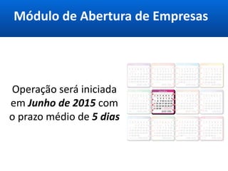 Módulo de Abertura de Empresas
Operação será iniciada
em Junho de 2015 com
o prazo médio de 5 dias
 