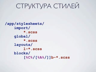 СТРУКТУРА СТИЛЕЙ

/app/stylesheets/
    import/
        *.scss
    global/
        *.scss
    layouts/
        l-*.scss
    blocks/
        [%C%/[%A%/]]b-*.scss
 