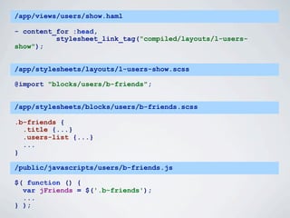 /app/views/users/show.haml

- content_for :head,
          stylesheet_link_tag("compiled/layouts/l-users-
show");


/app/stylesheets/layouts/l-users-show.scss

@import "blocks/users/b-friends";


/app/stylesheets/blocks/users/b-friends.scss

.b-friends {
  .title {...}
  .users-list {...}
  ...
}

/public/javascripts/users/b-friends.js

$( function () {
  var jFriends = $('.b-friends');
  ...
} );
 