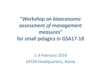 “Workshop on bioeconomic
assessment of management
measures”
for small pelagics in GSA17-18
1-3 February 2016
GFCM Headquarters, Rome
 