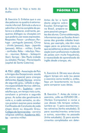 134
3. Exercício 5: Enfatize que o uso
das palavras no quadro é extrema-
mente informal. Estimule o aluno a
adivinhar a forma completa da pa-
lavra e a elaborar, oralmente, pe-
quenos diálogos ou situações em
que poderia usar essas expressões.
Respostas: Fessor - professor; Por-
tuga - português (pessoa); China
- chinês (pessoa); Japa - japonês
(pessoa); Milico - militar; Confa
- confusão; Rebu - rebuliço; Neu-
ra - neurose; Boteco - botequim
(bar); Sampa - São Paulo (cidade
ou estado); Floripa - Florianópolis
(capital de Santa Catarina).
4. PSIU - APAE - Associação de Pais
e Amigos dos Excepcionais: escola
de ensino especial para crianças
deficientes; Escola Técnica - ensino
de segundo grau, voltado a algu-
ma especialidade técnica: elétrica,
eletrônica, etc.; Supletivo - para
adultos que, em tempo mais curto,
concluem o primeiro e segundo
graus. As aulas são geralmente à
noite e, a cada semestre, os alu-
nos prestam exames para receber
Certificados de Conclusão de cada
etapa deste ou daquele Grau;
Colégio de Seminaristas - carreira
religiosa católica; Academia Mili-
tar - carreira militar.
PÁGINA 105
Antes de ler o texto
desta página sobre
Escolas Estrangeiras
no Brasil, prepare-se
para possíveis pergun-
tas dos alunos. Como colaboração,
informamos que as Escolas Ameri-
canas das grandes cidades brasi-
leiras, por exemplo, não têm mais
vagas para os próximos anos, o
que acreditamos se deva à Globali-
zação (com profissionais mudando
de países com muita frequência),
à necessidade de aprendizado do
inglês desde crianças, etc.
1. Exercício 6: Dê aos seus alunos
algum tempo em aula (ou passe
o exercício como tarefa) e, então,
faça um levantamento na lousa
para comparar suas ideias.
2. Exercício 7: Antes de iniciar o
exercício, volte ao ESTUDO DE...
(Verbos Compostos) e revise o
uso desses três tempos verbais.
Lembre-se: 1) para acontecimen-
tos rotineiros (tenho estudado); 2)
para acontecimentos anteriores
a outros, ocorridos no passado
(tinha estudado); 3) para aconte-
cimentos completados em deter-
2. Exercício 4: Veja o texto do
áudio.
 