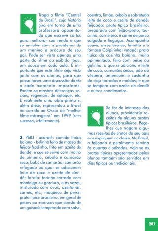 201
Traga o filme “Central
do Brasil”, cuja história
gira em torno de uma
professora aposenta-
da que escreve cartas
para melhorar sua renda e que
se envolve com o problema de
um menino à procura de seu
pai. Pode ser vista apenas uma
parte do filme ou exibido todo,
um pouco em cada aula. É im-
portante que este filme seja visto
junto com os alunos, para que
possa haver uma discussão direta
a cada momento importante.
Podem-se mostrar diferenças so-
ciais, regionais, de sotaque, etc.
É realmente uma obra-prima e,
além disso, representou o Brasil
na corrida ao Oscar de “melhor
filme estrangeiro” em 1999 (sem
sucesso, infelizmente).
3. PSIU - acarajé: comida típica
baiana - bolinho feito de massa de
feijão-fradinho, frito em azeite de
dendê, e que se serve com molho
de pimenta, cebola e camarão
seco; bobó de camarão: camarão
refogado ao qual se adicionam
leite de coco e azeite de den-
dê; farofa: farinha torrada com
manteiga ou gordura, e às vezes,
misturada com ovos, azeitonas,
carnes, etc.; moqueca de peixe:
prato típico brasileiro, em geral de
peixes ou mariscos que consta de
um guisado temperado com salsa,
coentro, limão, cebola e sobretudo
leite de coco e azeite de dendê;
feijoada: prato típico brasileiro,
preparado com feijão-preto, tou-
cinho, carne seca e carne de porco
salgada e linguiças. Acompanha
couve, arroz branco, farinha e a
famosa Caipirinha; vatapá: prato
típico da cozinha baiana, muito
apimentado, feito com peixe ou
galinha, a que se adicionam leite
de coco, camarões secos, pão da
véspera, amendoim e castanha
de caju torrados e moídos, e que
se tempera com azeite de dendê
e outros condimentos.
Se for de interesse dos
alunos, providencie re-
ceitas de alguns pratos
típicos brasileiros. Peça-
lhes que tragam algu-
mas receitas de pratos do seu país
e as expliquem na classe. No Brasil,
a feijoada é geralmente servida
às quartas e sábados. Veja se os
pratos típicos apresentados pelos
alunos também são servidos em
dias típicos ou tradicionais.
 