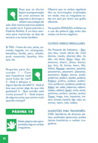 22
Observe que os verbos regulares
têm as terminações sinalizadas
em verde, mas os irregulares es-
tão em azul por terem sua grafia
diferente.
No quadro ATENÇÃO, enfatiza-se
o uso da palavra não antes dos
verbos na forma negativa.
OUTROS VERBOS IRREGULARES
No Presente do Indicativo - Dar:
(eu) dou, (você, ele/a) dá, (nós)
damos, (vocês, eles/as) dão, (tu
dás, vós dais); Dizer: digo, diz,
dizemos, dizem, (dizes, dizeis);
Ler: leio, lê, lemos, leem, (lês,
ledes); Passear: passeio, passeia,
passeamos, passeiam, (passeias,
passeais); Poder: posso, pode,
podemos, podem, (podes, podeis);
Preferir: prefiro, prefere, preferi-
mos, preferem, (preferes, preferis);
Saber: sei, sabe, sabemos, sabem,
(sabes, sabeis); Sentir: sinto, sente,
sentimos, sentem, (sentes, sentis);
Trazer: trago, traz, trazemos, tra-
zem, (trazes, trazeis); Ver: vejo, ve,
vemos, veem, (vês, vedes).
SUGESTÕES PARA TRANSPARÊN-
CIAS: bandeiras de diversos pa-
íses; profissões (gravuras); pratos
típicos brasileiros e verbos irre-
gulares.
Perguntas para dis-
cussão: 1 - Com
que frequência você
come frutos do mar?
2 - Você é alérgico a
algum tipo de comida? 3 - Você já
teve que comer algo de que não
gostasse? 4 - Que comida você
nunca provou? 5 - Você enjoou
de alguma coisa que comia muito
quando criança?
Nesta página são apre-
sentados alguns verbos
irregulares.
PÁGINA 10
Peça que os alunos
façam a programação
de uma semana de
segunda a domingo e
relatem aos colegas de
sala. Este mesmo exercício poderá
ser usado na U. 2 para exercitar o
Pretérito Perfeito. É um bom exer-
cício para memorizar os dias da
semana e as horas também.
3. PSIU - frutos do mar, peixe, ca-
marão, lagosta, siri, caranguejo,
bacalhau, farofa, peru, chester,
purê, macarrão, lasanha, nho-
que, etc.
 