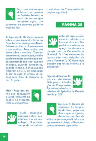36
3. Exercício 3: Os alunos ouvem
sobre o que Alejandro fazia na
Espanha antes de vir para o Brasil.
Feito o exercício, os alunos relatam
o que ouviram. Peça, então, que
falem sobre si mesmos. Caso es-
tejam em seu próprio país, solicite
que falem sobre determinada eta-
pa passada de sua vida: quando
crianças, quando estudantes,
quando tinham (...) anos, quando
moravam em (...), etc. Respostas:
1. sair de casa; 2. ônibus; 3. es-
posa com filhos; 4. escritório; 5.
bar; 6. golfe.
Tarefa - Redação:
escreva sobre sua
infância e a do seu
colega. (O profes-
sor pode introduzir
PÁGINA 25
Figuras, desenhos, fo-
tos, etc. são sempre
úteis para a introdu-
ção do Comparativo.
Apresente primeiro os
adjetivos do Apêndice de Gramá-
tica da p. 209.
PSIU - Peça aos alu-
nos que conjuguem
o verbo (referente ao
hobby) no Presente,
Perfeito e Imperfeito.
Antes de fazer o exer-
cício 4, introduza o
Comparativo e o Su-
perlativo e não se es-
queça de chamar a
atenção para a Concordância
Nominal. Ex.: “As cataratas do
Iguaçu são mais visitadas do
que o Pantanal.”; “O doce mais
gostoso das festas infantis é o
brigadeiro.”
Peça aos alunos que
elaborem um poema
no Pretérito Perfeito, a
partir de verbos que
indiquem ação. Um
concurso de poemas poderia
incentivá-los!
Exercício 4: Depois de
responder às pergun-
tas do livro, peça aos
alunos que, em pares,
elaborem cartões de
visitas de personagens fictícios e os
apresentem à classe, utilizando o
comparativo e o superlativo.
a estrutura do Comparativo da
página seguinte.)
 
