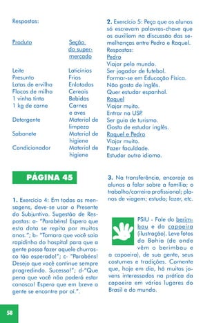 58
PÁGINA 45
1. Exercício 4: Em todas as men-
sagens, deve-se usar o Presente
do Subjuntivo. Sugestão de Res-
postas: a- “Parabéns! Espero que
esta data se repita por muitos
anos.”; b- “Tomara que você saia
rapidinho do hospital para que a
gente possa fazer aquele churras-
co tão esperado!”; c- “Parabéns!
Desejo que você continue sempre
progredindo. Sucesso!”; d-“Que
pena que você não poderá estar
conosco! Espero que em breve a
gente se encontre por aí.”.
3. Na transferência, encoraje os
alunos a falar sobre a família; o
trabalho/carreira profissional; pla-
nos de viagem; estudo; lazer, etc.
PSIU - Fale do berim-
bau e da capoeira
(ilustração). Leve fotos
da Bahia (de onde
vêm o berimbau e
a capoeira), de sua gente, seus
costumes e tradições. Comente
que, hoje em dia, há muitos jo-
vens interessados na prática da
capoeira em vários lugares do
Brasil e do mundo.
Respostas:
Produto Seção
do super-
mercado
Leite Laticínios
Presunto Frios
Latas de ervilha Enlatados
Flocos de milho Cereais
1 vinho tinto Bebidas
1 kg de carne Carnes
e aves
Detergente Material de
limpeza
Sabonete Material de
higiene
Condicionador Material de
higiene
2. Exercício 5: Peça que os alunos
só escrevam palavras-chave que
os auxiliem na discussão das se-
melhanças entre Pedro e Raquel.
Respostas:
Pedro
Viajar pelo mundo.
Ser jogador de futebol.
Formar-se em Educação Física.
Não gosta de inglês.
Quer estudar espanhol.
Raquel
Viajar muito.
Entrar na USP.
Ser guia de turismo.
Gosta de estudar inglês.
Raquel e Pedro
Viajar muito.
Fazer faculdade.
Estudar outro idioma.
 