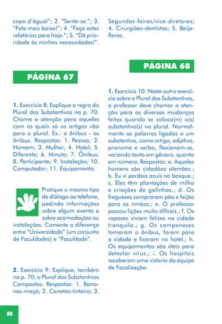 80
1. Exercício 10: Neste outro exercí-
cio sobre o Plural dos Substantivos,
o professor deve chamar a aten-
ção para as diversas mudanças
feitas quando se coloca(m) o(s)
substantivo(s) no plural. Normal-
mente as palavras ligadas a um
substantivo, como artigo, adjetivo,
pronome e verbo, flexionam-se,
variando tanto em gênero, quanto
em número. Respostas: a. Aqueles
homens são cidadãos alemães.;
b. Eu vi pardais azuis no bosque.;
c. Eles têm plantações de milho
e criações de galinhas.; d. Os
fregueses compraram pão e feijão
para os irmãos.; e. O professor
passou lições muito difíceis.; f. Os
rapazes viviam felizes na cidade
tranquila.; g. Os camponeses
tomaram o ônibus, foram para
a cidade e ficaram no hotel.; h.
Os equipamentos são úteis para
detectar vírus.; i. Os hospitais
receberam uma vistoria da equipe
de fiscalização.
PÁGINA 68
PÁGINA 67
1. Exercício 8: Explique a regra do
Plural dos Substantivos na p. 70.
Chame a atenção para aqueles
com os quais só os artigos vão
para o plural. Ex.: o ônibus - os
ônibus. Respostas: 1. Pessoa; 2.
Homem; 3. Mulher; 4. Hotel; 5.
Diferente; 6. Minuto; 7. Ônibus;
8. Participante; 9. Instalação; 10.
Computador; 11. Equipamento.
Pratique o mesmo tipo
de diálogo ao telefone,
pedindo informações
sobre algum evento e
sobre acomodações ou
instalações. Comente a diferença
entre “Universidade” (um conjunto
de Faculdades) e “Faculdade”.
2. Exercício 9: Explique, também
na p. 70, o Plural dos Substantivos
Compostos. Respostas: 1. Bana-
nas-maçã; 2. Canetas-tinteiro; 3.
copo d’água!”; 2. “Sente-se.”; 3.
“Fale mais baixo!”; 4. “Faça estes
relatórios para hoje.”; 5. “Dê prio-
ridade às minhas necessidades!”.
Segundas-feiras/vice-diretores;
4. Cirurgiões-dentistas; 5. Beija-
flores.
 