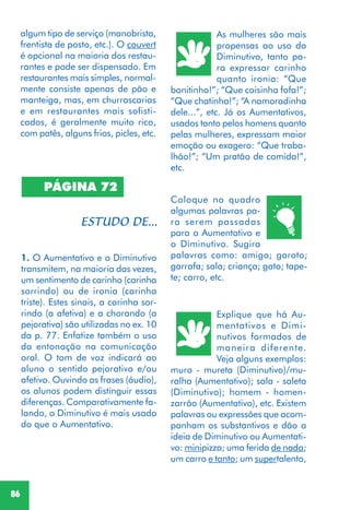 86
PÁGINA 72
1. O Aumentativo e o Diminutivo
transmitem, na maioria das vezes,
um sentimento de carinho (carinha
sorrindo) ou de ironia (carinha
triste). Estes sinais, a carinha sor-
rindo (a afetiva) e a chorando (a
pejorativa) são utilizadas no ex. 10
da p. 77. Enfatize também o uso
da entonação na comunicação
oral. O tom de voz indicará ao
aluno o sentido pejorativo e/ou
afetivo. Ouvindo as frases (áudio),
os alunos podem distinguir essas
diferenças. Comparativamente fa-
lando, o Diminutivo é mais usado
do que o Aumentativo.
As mulheres são mais
propensas ao uso do
Diminutivo, tanto pa-
ra expressar carinho
quanto ironia: “Que
bonitinho!”; “Que coisinha fofa!”;
“Que chatinha!”; “A namoradinha
dele...”, etc. Já os Aumentativos,
usados tanto pelos homens quanto
pelas mulheres, expressam maior
emoção ou exagero: “Que traba-
lhão!”; “Um pratão de comida!”,
etc.
Coloque no quadro
algumas palavras pa-
ra serem passadas
para o Aumentativo e
o Diminutivo. Sugira
palavras como: amigo; garoto;
garrafa; sala; criança; gato; tape-
te; carro, etc.
Explique que há Au-
mentativos e Dimi-
nutivos formados de
maneira diferente.
Veja alguns exemplos:
muro - mureta (Diminutivo)/mu-
ralha (Aumentativo); sala - saleta
(Diminutivo); homem - homen-
zarrão (Aumentativo), etc. Existem
palavras ou expressões que acom-
panham os substantivos e dão a
ideia de Diminutivo ou Aumentati-
vo: minipizza; uma ferida de nada;
um carro e tanto; um supertalento,
algum tipo de serviço (manobrista,
frentista de posto, etc.). O couvert
é opcional na maioria dos restau-
rantes e pode ser dispensado. Em
restaurantes mais simples, normal-
mente consiste apenas de pão e
manteiga, mas, em churrascarias
e em restaurantes mais sofisti-
cados, é geralmente muito rico,
com patês, alguns frios, picles, etc.
 