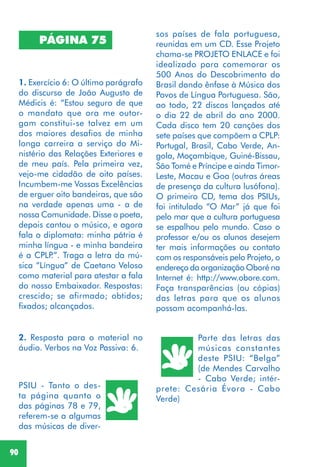 90
PÁGINA 75
2. Resposta para o material no
áudio. Verbos na Voz Passiva: 6.
1. Exercício 6: O último parágrafo
do discurso de João Augusto de
Médicis é: “Estou seguro de que
o mandato que ora me outor-
gam constitui-se talvez em um
dos maiores desafios de minha
longa carreira a serviço do Mi-
nistério das Relações Exteriores e
de meu país. Pela primeira vez,
vejo-me cidadão de oito países.
Incumbem-me Vossas Excelências
de erguer oito bandeiras, que são
na verdade apenas uma - a de
nossa Comunidade. Disse o poeta,
depois cantou o músico, e agora
fala o diplomata: minha pátria é
minha língua - e minha bandeira
é a CPLP.”. Traga a letra da mú-
sica “Língua” de Caetano Veloso
como material para atestar a fala
do nosso Embaixador. Respostas:
crescido; se afirmado; obtidos;
fixados; alcançados.
PSIU - Tanto o des-
ta página quanto o
das páginas 78 e 79,
referem-se a algumas
das músicas de diver-
Parte das letras das
músicas constantes
deste PSIU: “Belga”
(de Mendes Carvalho
- Cabo Verde; intér-
prete: Cesária Évora - Cabo
Verde)
sos países de fala portuguesa,
reunidas em um CD. Esse Projeto
chama-se PROJETO ENLACE e foi
idealizado para comemorar os
500 Anos do Descobrimento do
Brasil dando ênfase à Música dos
Povos de Língua Portuguesa. São,
ao todo, 22 discos lançados até
o dia 22 de abril do ano 2000.
Cada disco tem 20 canções dos
sete países que compõem a CPLP:
Portugal, Brasil, Cabo Verde, An-
gola, Moçambique, Guiné-Bissau,
São Tomé e Príncipe e ainda Timor-
Leste, Macau e Goa (outras áreas
de presença da cultura lusófona).
O primeiro CD, tema dos PSIUs,
foi intitulado “O Mar” já que foi
pelo mar que a cultura portuguesa
se espalhou pelo mundo. Caso o
professor e/ou os alunos desejem
ter mais informações ou contato
com os responsáveis pelo Projeto, o
endereço da organização Oboré na
Internet é: http://www.obore.com.
Faça transparências (ou cópias)
das letras para que os alunos
possam acompanhá-las.
 