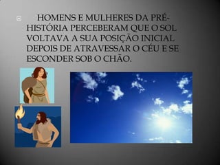      HOMENS E MULHERES DA PRÉ-
    HISTÓRIA PERCEBERAM QUE O SOL
    VOLTAVA A SUA POSIÇÃO INICIAL
    DEPOIS DE ATRAVESSAR O CÉU E SE
    ESCONDER SOB O CHÃO.
 