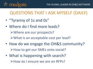 THE GLOBAL LEADER IN OH&S SOFTWARE


  QUESTIONS THAT I ASK MYSELF (DAILY)
• “Tyranny of 1s and 0s”
• Where do I find more leads?
  Where are our prospects?
  What is an acceptable cost per lead?
• How do we engage the OH&S community?
  How to get our SMEs onto social?
• What is happening with search?
  How do I ensure we are on RFPs?
 