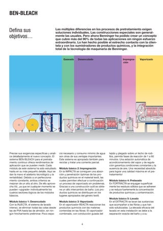 4
Gaseado Desencolado Impregna- Vaporizado
ción
Las múltiples diferencias en los procesos de pretratamiento exigen
soluciones individuales. Las construcciones especiales son general-
mente las usuales. Pero ahora Benninger ha podido crear un concepto
que cubre más del 90% de todas las aplicaciones sin ningún esfuerzo
extraordinario. Lo han hecho posible el estrecho contacto con la clien-
tela y con los sumistradores de productos quimicos, y la integración
total de la tecnología de maquinaria de Benninger.
Defina sus
objetivos…
Precise sus exigencias especificas y anali-
ce detalladamente el nuevo concepto. El
sistema BEN-BLEACH para el pretrata-
miento continuo ofrece rendimientos de
aplicación que se pueden medir. Cada
módulo de este sistema ha sido estudiado
hasta en su más pequeño detalle. Aquí se
dan la mano el adelanto tecnológico y la
rentabilidad. Debido a un perfecciona-
miento constante, ambos criterios se
mejoran de un año al otro. De ello aprove-
cha Vd., ya que en cualquier momento se
pueden «upgrade» individualmente los
cuatros sectores lógicos de los módulos
básicos.
Módulo básico 1: Desencolado
Con la INJECTA, el sistema de lavado
intenso, se eliminan todas las colas desde
las de PVA hasta las de almidón, sin nin-
gún hinchamiento preliminar. Poco espa-
cio necesario y consumo mínimo de agua
son otras de sus ventajas importantes.
Este sistema es apropiado también para
reciclar y tratar una corriente parcial.
Módulo básico 2: Impregnación
En la IMPACTA se consiguen una absor-
ción y penetración óptimas de los pro-
ductos químicos en el material textil, las
cuales permiten efectuar a continuación
un proceso de vaporizado sin problemas.
Gracias a una construcción sutil se obtie-
ne un alto intercambio de baño. Los pro-
ductos químicos se distribuyen en los
lugares apropiados del género textil.
Modulo básico 3: Vaporizado
En el vaporizador REACTA reaccionan los
productos químicos con las materias
contenidas en las fibras. El vaporizador
combinado, con conducción guiada del
tejido y plegado sobre un lecho de rodi-
llos, permite fases de reacción de 1 a 60
minutos. Una estación automática de
acondicionamiento del vapor y de regula-
ción garantiza condiciones constantes y la
ausencia de aire. Una necesidad absoluta
para lograr una calidad máxima en el pre-
tratamiento!
Módulo básico 4: Prelavado
En FORTRACTA se enjuagan superficial-
mente los residuos sólidos que se adhieren
y se reduce fuertemente la concentración
de productos químicos y contaminación.
Modulo básico 5: Lavado
En el EXTRACTA se lavan las sustancias
que acompañan a las fibras y que han
sido solubizadas. La elevada eficacia del
lavado en esta instalación se debe a la
separación exacta del baño y a su
BEN-BLEACH
 