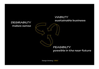 VIABILTY
                                sustainable business
DESIRABILTY
 makes sense




                              FEASIBILTY
                              possible in the near future


               Design thinking – IDEO
 