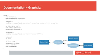 @ben_nuttall
Documentation - Graphviz
digraph {
graph [rankdir=RL];
edge [arrowhead=normal, style=solid];
/* Devices */
node [shape=rect, style=filled, color="#2980b9", fontname=Sans, fontcolor="#ffffff", fontsize=10];
led [label="Garden light"]
light [label="Light sensor"]
motion [label="Motion sensor"]
/* functions */
node [shape=oval, style=filled, color="#9ec6e0", fontcolor="#ffffff"];
booleanized
all_values
all_values -> led;
booleanized -> all_values;
motion -> all_values;
light -> booleanized;
}
 