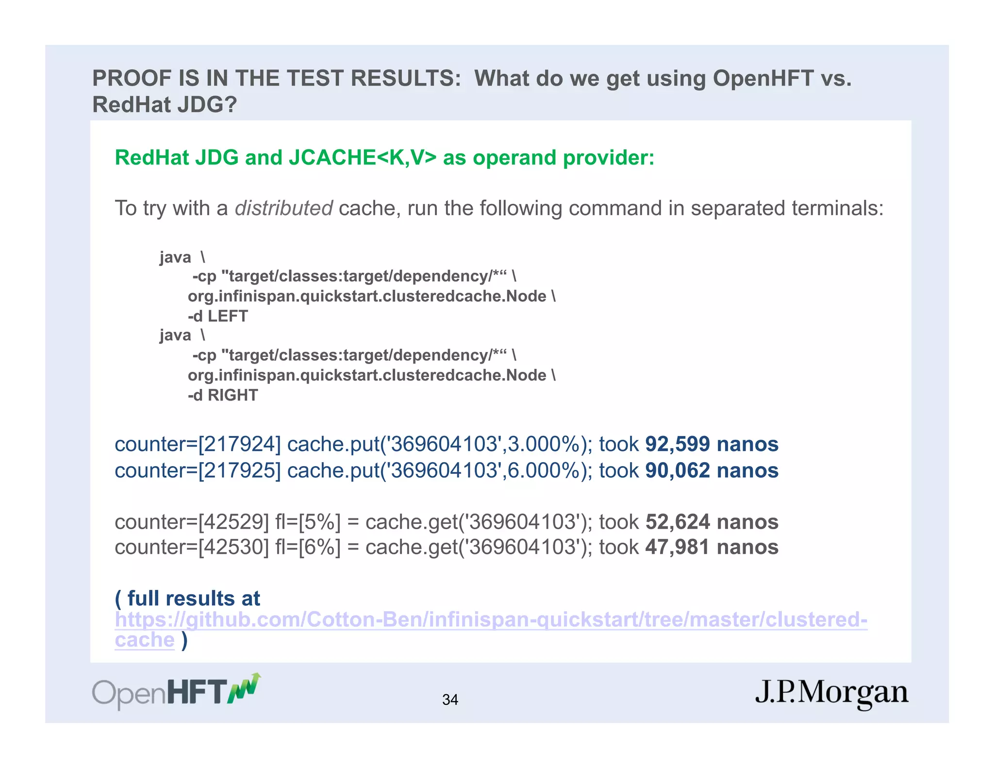PROOF IS IN THE TEST RESULTS: What do we get using OpenHFT vs.
RedHat JDG?
RedHat JDG and JCACHE<K,V> as operand provider:
To try with a distributed cache, run the following command in separated terminals:
java 
-cp "target/classes:target/dependency/*“ 
org.infinispan.quickstart.clusteredcache.Node 
-d LEFT
java 
-cp "target/classes:target/dependency/*“ 
org.infinispan.quickstart.clusteredcache.Node 
-d RIGHT
counter=[217924] cache.put('369604103',3.000%); took 92,599 nanos
counter=[217925] cache.put('369604103',6.000%); took 90,062 nanos
counter=[42529] fl=[5%] = cache.get('369604103'); took 52,624 nanos
counter=[42530] fl=[6%] = cache.get('369604103'); took 47,981 nanos
( full results at
https://github.com/Cotton-Ben/infinispan-quickstart/tree/master/clustered-
cache )
34
 
