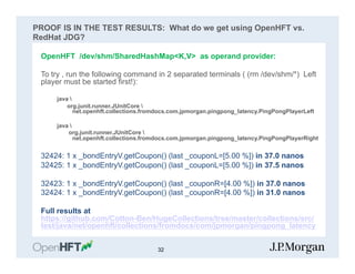 PROOF IS IN THE TEST RESULTS: What do we get using OpenHFT vs.
RedHat JDG?
OpenHFT /dev/shm/SharedHashMap<K,V> as operand provider:
To try , run the following command in 2 separated terminals ( (rm /dev/shm/*) Left
player must be started first!):
java 
org.junit.runner.JUnitCore 
net.openhft.collections.fromdocs.com.jpmorgan.pingpong_latency.PingPongPlayerLeft
java 
org.junit.runner.JUnitCore 
net.openhft.collections.fromdocs.com.jpmorgan.pingpong_latency.PingPongPlayerRight
32424: 1 x _bondEntryV.getCoupon() (last _couponL=[5.00 %]) in 37.0 nanos
32425: 1 x _bondEntryV.getCoupon() (last _couponL=[5.00 %]) in 37.5 nanos
32423: 1 x _bondEntryV.getCoupon() (last _couponR=[4.00 %]) in 37.0 nanos
32424: 1 x _bondEntryV.getCoupon() (last _couponR=[4.00 %]) in 31.0 nanos
Full results at
https://github.com/Cotton-Ben/HugeCollections/tree/master/collections/src/
test/java/net/openhft/collections/fromdocs/com/jpmorgan/pingpong_latency
32
 