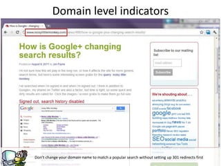 g
Don’t change your domain name to match a popular search without setting up 301 redirects first
Domain level indicators
 