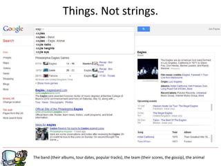 g
The band (their albums, tour dates, popular tracks), the team (their scores, the gossip), the animal
Things. Not strings.
 