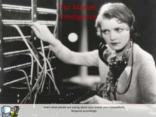 For Market
Intelligence
Learn what people are saying about your brand, your competitors
Respond accordingly
 