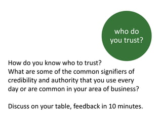 How do you know who to trust?
What are some of the common signifiers of
credibility and authority that you use every
day or are common in your area of business?
Discuss on your table, feedback in 10 minutes.
who do
you trust?
 