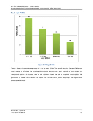 BEN 910 Integrated Projects – Project Report
An Investigation into Organisational Culture & Performance of Dubai Municipality
Abdulla Ahli n4900537
Faisal Qadir N8389977 40
4.2.3 Age Profile
Figure 4: DM Age Profile
Figure 4 shows the sample age groups. As it can be seen, 65% of the sample is under the age of 40 years.
This is likely to influence the organisational culture and create a shift towards a more open and
transparent culture. In addition, 38% of the sample is under the age of 29 years. This suggests the
generation of a new culture within the overall DM current culture, which may affect the organisation
overall performance.
38
27
22
13
0
10
20
30
40
20-29 YRS 30-39 YRS 40-49 YRS 50+ YRS
PERCENTAGE
AGE GROUP
 