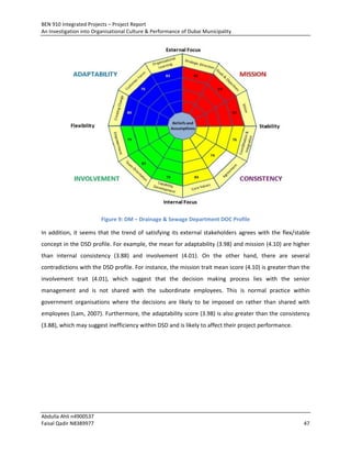 BEN 910 Integrated Projects – Project Report
An Investigation into Organisational Culture & Performance of Dubai Municipality
Abdulla Ahli n4900537
Faisal Qadir N8389977 47
Figure 9: DM – Drainage & Sewage Department DOC Profile
In addition, it seems that the trend of satisfying its external stakeholders agrees with the flex/stable
concept in the DSD profile. For example, the mean for adaptability (3.98) and mission (4.10) are higher
than internal consistency (3.88) and involvement (4.01). On the other hand, there are several
contradictions with the DSD profile. For instance, the mission trait mean score (4.10) is greater than the
involvement trait (4.01), which suggest that the decision making process lies with the senior
management and is not shared with the subordinate employees. This is normal practice within
government organisations where the decisions are likely to be imposed on rather than shared with
employees (Lam, 2007). Furthermore, the adaptability score (3.98) is also greater than the consistency
(3.88), which may suggest inefficiency within DSD and is likely to affect their project performance.
 