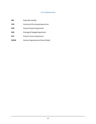 vii
LIST OF ABBREVIATIONS
DM Dubai Municipality
CDP Contracts & Purchasing Department
GPD General Projects Department
DSD Drainage & Sewage Department
PFD Projects Finance Department
DOCM Denison Organisational Culture Model
 