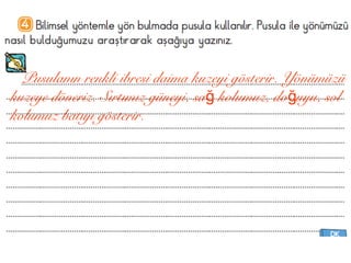 Pusulanın renkli ibresi daima kuzeyi gösterir. Yönümüzü 
kuzeye döneriz. Sırtımız güneyi, sağ kolumuz, doğuyu, sol 
kolumuz batıyı gösterir. 
