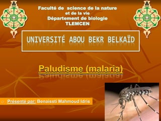 Faculté de science de la nature
et de la vie
Département de biologie
TLEMCEN
Paludisme (malaria)
o Présenté par: Benaissti Mahmoud Idris
 