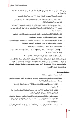 ‫الوطني‬ ‫الحوار‬ ‫كتيبات‬ ‫سلسلة‬
18
ً‫ا‬‫وفق‬ ‫الجامعات‬ ‫واساتذة‬ ‫والمحامين‬ ‫القضاة‬ ‫كبار‬ ‫من‬ ‫االعلى‬ ‫القضاء‬ ‫مجلس‬ ‫انتخاب‬ ‫يتم‬
:‫اآلتية‬ ‫لآللية‬
»». ‫المجلس‬ ‫أعضاء‬ ‫عدد‬ ‫من‬ 70% ‫نسبة‬ ‫للقضاة‬ ‫العمومية‬ ‫الجمعية‬ ‫تنتخب‬
»»‫،مع‬ ‫المحامين‬ ‫كبار‬ ‫من‬ ‫المجلس‬ ‫أعضاء‬ ‫عدد‬ ‫من‬ 15% ‫المحامين‬ ‫نقابة‬ ‫تنتخب‬
.‫السابقة‬ ‫أعمالهم‬ ‫من‬ ‫تفرغهم‬
»»‫ما‬ ‫الحكومية‬ ‫والحقوق‬ ‫والقانون‬ ‫الشريعة‬ ‫كليات‬ ‫لمجالس‬ ‫مشترك‬ ‫اجتماع‬ ‫ينتخب‬
‫من‬ ‫تفرغهم‬ ‫مع‬ )‫االقل‬ ‫على‬ ‫مشارك‬ ‫استاذ‬ ‫(بدرجة‬ ‫القانون‬ ‫اساتذة‬ ‫من‬ 15% ‫نسبته‬
. ‫السابقة‬ ‫أعمالهم‬
»».‫تعيينهم‬ ‫على‬ ‫والمصادقة‬ ‫المرشحين‬ ‫ملفات‬ ‫بفحص‬ ‫التشريعية‬ ‫السلطة‬ ‫تقوم‬
»».‫بتعيينهم‬ ً‫ا‬‫جمهوري‬ ‫قرارا‬ ‫الجمهورية‬ ‫رئيس‬ ‫يصدر‬
»»،‫المحامين‬ ‫وكبار‬ ،‫القضاة‬ ‫من‬ ‫والنزاهة‬ ‫الكفاءة‬ ‫ذوي‬ ‫بين‬ ‫من‬ ‫المجلس‬ ‫أعضاء‬ ‫اختيار‬
.‫القضائية‬ ‫السلطة‬ ‫قانون‬ ‫عليه‬ ‫ينص‬ ‫لما‬ ‫وفقا‬ ،‫القانون‬ ‫وأساتذة‬
»».‫منصبه‬ ‫بحكم‬ ‫المجلس‬ ‫في‬ ‫عضوا‬ ‫العام‬ ‫النائب‬ ‫يعتبر‬
»»‫عليه‬ ‫ينص‬ ‫لما‬ ‫وفقا‬ ،‫كافة‬ ‫االستدالالت‬ ‫وجمع‬ ‫التحقيق‬ ‫سلطات‬ ‫العام‬ ‫النائب‬ ‫تتبع‬
.‫الجزائية‬ ‫اإلجراءات‬ ‫قانون‬
»».‫فيه‬ ‫واالدارية‬ ‫المالية‬ ‫المهام‬ ‫يتولى‬ ‫عام‬ ‫أمين‬ ‫للمجلس‬ ‫يكون‬
،‫اإلدارية‬ ‫المنازعات‬ ‫في‬ ‫الفصل‬ ‫يتولى‬ ‫العادي‬ ‫القضاء‬ ‫عن‬ ‫مستقل‬ ‫إداري‬ ‫قضاء‬ ‫إنشاء‬ ‫يتم‬
‫تأهيال‬ ‫المهمة‬ ‫لهذه‬ ‫ويؤهلون‬ ،‫مهمتهم‬ ‫ألداء‬ ‫الكافية‬ ‫والخبرة‬ ‫التأهيل‬ ‫ألعضائه‬ ‫يتوفر‬
‫تكوينات‬ ‫القضائية‬ ‫السلطة‬ ‫قانون‬ ‫وينظم‬ ،‫وجه‬ ‫أكمل‬ ‫على‬ ‫مهامهم‬ ‫أداء‬ ‫من‬ ‫يمكنهم‬ ‫خاصا‬
.‫اإلداري‬ ‫القضاء‬ ‫واختصاصات‬
‫الدستورية‬ ‫المحكمة‬
»».‫مستقلة‬ ‫دستورية‬ ‫محكمة‬ ‫تنشأ‬
»»‫والمحامين‬ ‫القضاة‬ ‫كبار‬ ‫من‬ ‫منتخبين‬ ‫مرشحين‬ ‫من‬ ‫الدستورية‬ ‫المحكمة‬ ‫انتخاب‬ ‫يتم‬
:‫اآلتية‬ ‫لآللية‬ ً‫ا‬‫وفق‬ ‫الجامعات‬ ‫واساتذة‬
-	‫المحكمة‬ ‫أعضاء‬ ‫عدد‬ ‫من‬ 70% ‫نسبة‬ ‫للقضاة‬ ‫العمومية‬ ‫الجمعية‬ ‫تنتخب‬
. ‫الدستورية‬
-	‫كبار‬ ‫من‬ ، ‫الدستورية‬ ‫المحكمة‬ ‫أعضاء‬ ‫عدد‬ ‫من‬ 15% ‫المحامين‬ ‫نقابة‬ ‫تنتخب‬
‫السابقة‬ ‫أعمالهم‬ ‫من‬ ‫تفرغهم‬ ‫مع‬ . ‫المحامين‬
-	‫نسبته‬ ‫ما‬ ‫والحقوق‬ ‫والقانون‬ ‫الشريعة‬ ‫كليات‬ ‫لمجالس‬ ‫مشترك‬ ‫اجتماع‬ ‫ينتخب‬
‫من‬ ‫تفرغهم‬ ‫مع‬ )‫االقل‬ ‫على‬ ‫مشارك‬ ‫استاذ‬ ‫(بدرجة‬ ‫القانون‬ ‫اساتذة‬ ‫من‬ 15%
.‫السابقة‬ ‫أعمالهم‬
-	.‫تعيينهم‬ ‫على‬ ‫والمصادقة‬ ‫المرشحين‬ ‫ملفات‬ ‫بفحص‬ ‫التشريعية‬ ‫السلطة‬ ‫تقوم‬
 